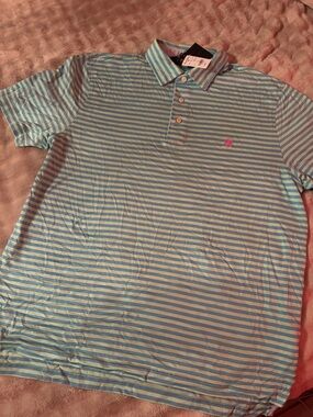 Brooks Brothers Light Blue and White Striped Polo with Pink Logo